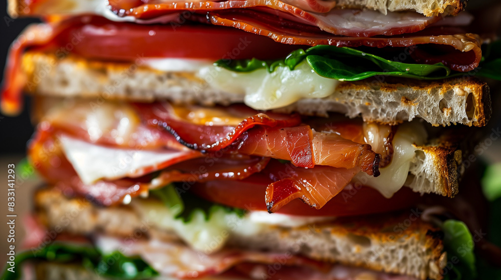 In this mouth-watering close-up, we can admire the sandwich's rich layers, full of fresh ingredients. Delicate ham, creamy mayonnaise and crispy lettuce create a perfect composition of flavors. In this mouth-watering close-up, we can admire the sandwich's rich layers, full of fresh ingredients. Delicate ham, creamy mayonnaise and crispy lettuce create a perfect composition of flavors.