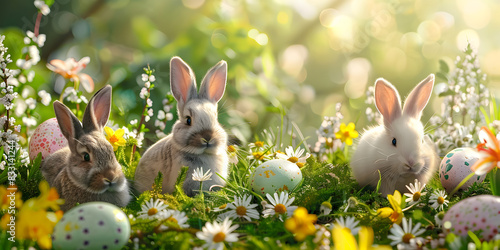 Small, baby rabbit in Easter basket with fluffy fur and Easter eggs in the fresh ,green spring landscape. Ideal as an eater card or greeting card. photo