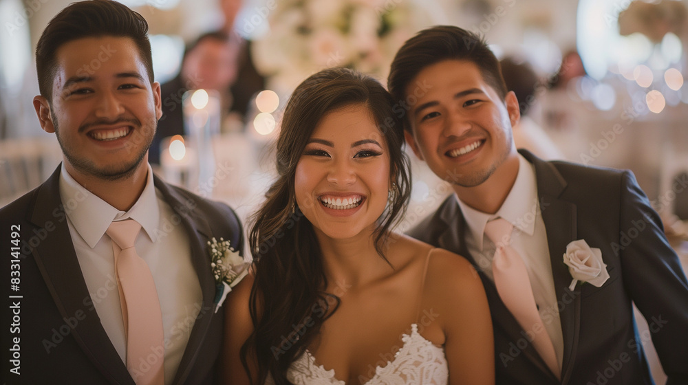 A joyful wedding celebration where the bride stands smiling between two groomsmen in elegant suits and ties. A joyful wedding celebration where the bride stands smiling between two groomsmen in elegant suits and ties.