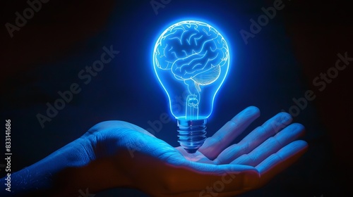 You can see an open palm facing the palm on the palm of your hand, and on top of it, a graphic representation of a light bulb with its brain inside glows in blue. 