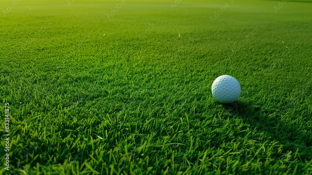 A golf ball on a beautifully manicured course. The gray ball contrasts with the intense green of the grass, creating a harmonious composition. A golf ball on a beautifully manicured course. The gray ball contrasts with the intense green of the grass, creating a harmonious composition.