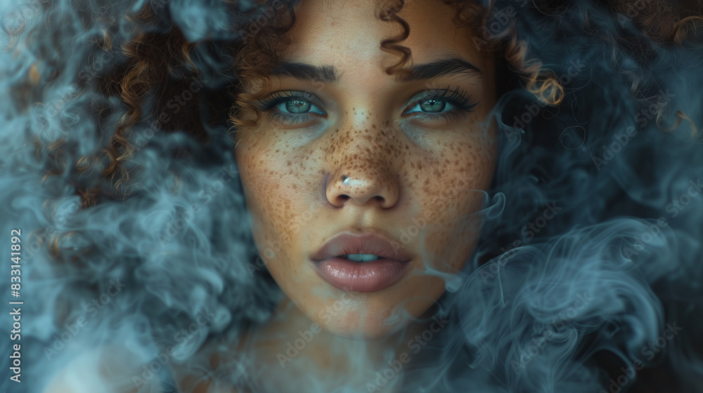 A young woman with curly hair that swirls slightly around her face, surrounded by ethereal smoke. Her freckled face and thoughtful expression in her eyes are highlighted by the subtle lighting. A young woman with curly hair that swirls slightly around her face, surrounded by ethereal smoke. Her freckled face and thoughtful expression in her eyes are highlighted by the subtle lighting.