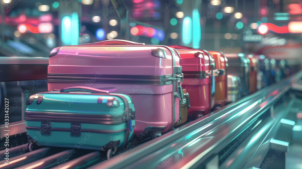 A row of suitcases lined up on a conveyor belt at the airport. Each suitcase is carefully arranged and ready to travel. A row of suitcases lined up on a conveyor belt at the airport. Each suitcase is carefully arranged and ready to travel.