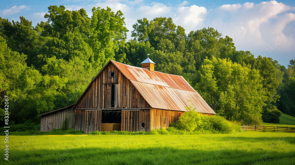A wooden barn that stands out among the green, rural landscape. Its impressive dimensions and traditional design add charm to this rural facility. A wooden barn that stands out among the green, rural landscape. Its impressive dimensions and traditional design add charm to this rural facility.