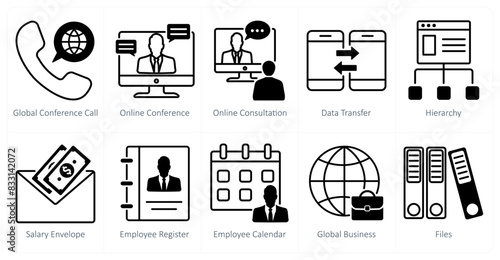A set of 10 business and office icons as global conference call, online conference, online consultation
