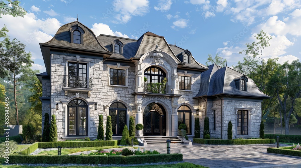 A grand, stone-clad mansion with a traditional French design and manicured landscaping. A grand, stone-clad mansion with a traditional French design and manicured landscaping.