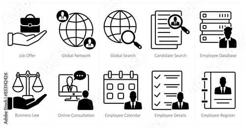 A set of 10 business and office icons as job offer, global network, global serach