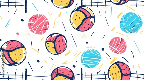 Hand-drawn seamless pattern depicting volleyballs and nets, creating a fun and lively sports theme