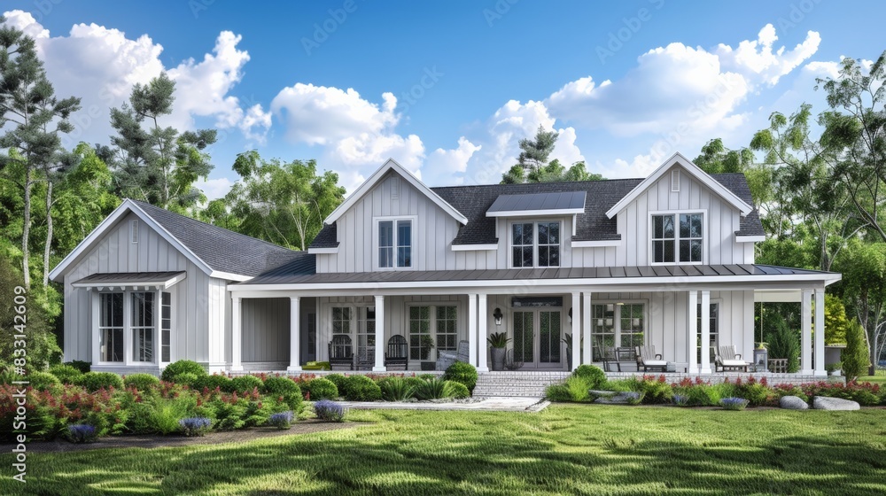 A modern farmhouse with a large front porch and a lush green lawn. The home has white siding and a gray roof A modern farmhouse with a large front porch and a lush green lawn. The home has white siding and a gray roof
