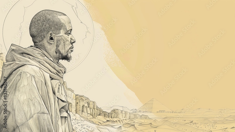 Fototapeta premium St. Anthony of Egypt in Desert with 4th-Century Egyptian Landscape, Biblical Illustration, Beige Background, Copyspace