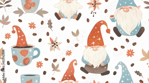 Hand-drawn seamless pattern of pastel-colored leaves, blooming flowers, and deer, creating a fresh and enchanting aesthetic