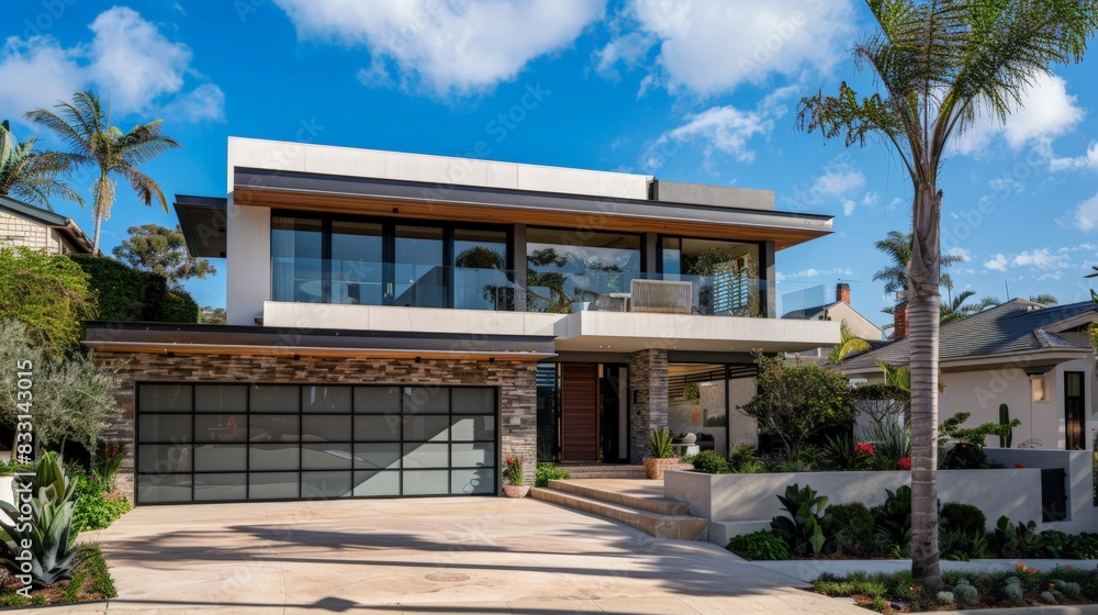 Modern two-story home with a stone facade, large windows, and a palm tree in the front yard Modern two-story home with a stone facade, large windows, and a palm tree in the front yard