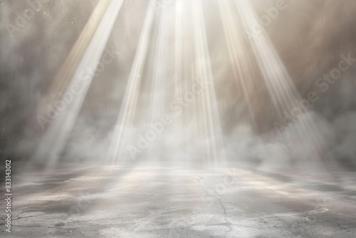 Abstract background with light beams and fog. Digital wallpaper for product presentation in a studio room