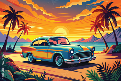 vibrant car retro sunset vector illustration