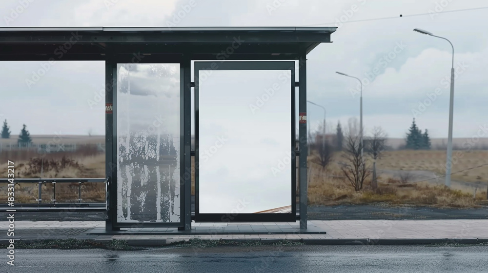 Small vertical blank billboard stands at a bus stop, under a cloudy sky. Small vertical blank billboard stands at a bus stop, under a cloudy sky.