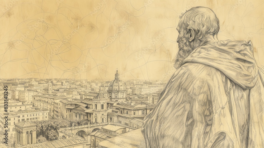 Fototapeta premium St. Benedict Joseph Labre Reflecting in Rome, Biblical Illustration, Beige Background, Copyspace