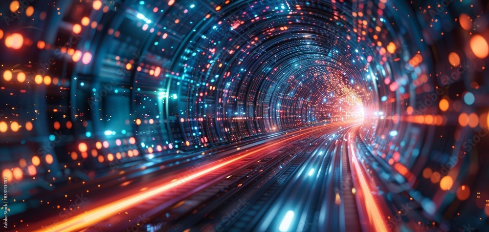 Data moving at light speed, digital age visualization, abstract tech tunnel, hightech, vibrant colors, futuristic design