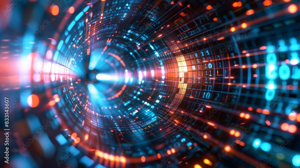Obraz premium Tech tunnel with highspeed data, digital age visualization, abstract design, vibrant colors, hightech, futuristic