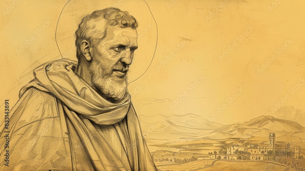 Fototapeta premium St. Benedict the Moor in Humble Setting with Sicilian Countryside, Biblical Illustration, Beige Background, Copyspace