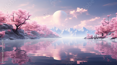A Majestic Lake Surrounded By Pink Trees and Snow Sky Reflect in Water Mountains Landscape on Pink Bokeh Blur Background