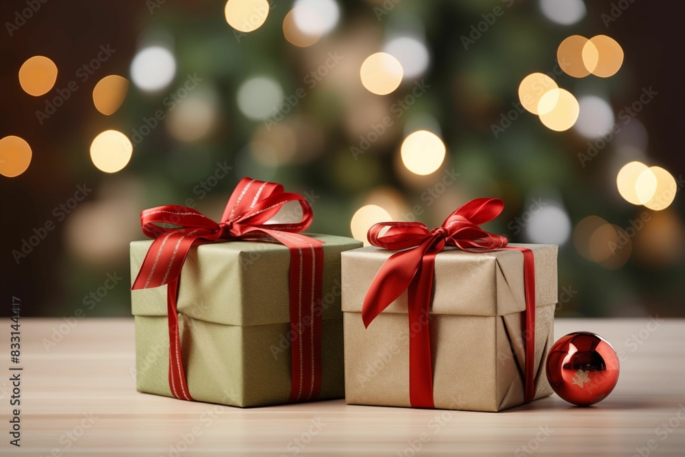 Two presents with red ribbon on blurred Christmas tree background. Generative ai Two presents with red ribbon on blurred Christmas tree background. Generative ai