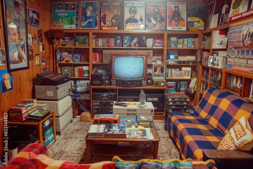 Cozy living room with 90s decor and classic TV setup © Venka