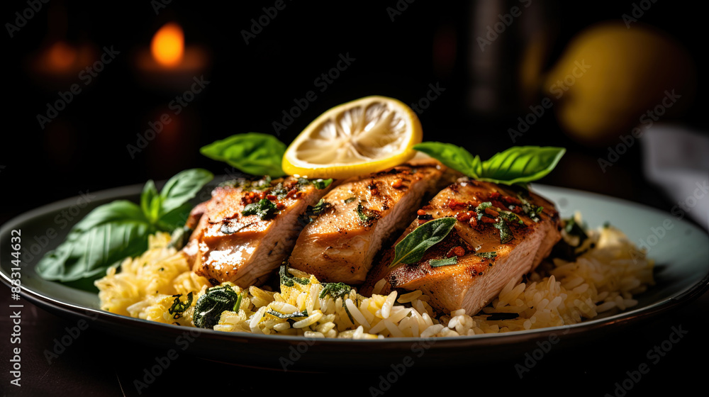 Delicious Sauteed Lemon Basil Chicken Breast Juicy and Tender Served Over Fluffy Rice Pilaf Garnished with Fresh Basil Vibrant Green Herb On Blurry Background