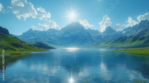 A breathtaking view of a tranquil alpine lake surrounded by majestic mountains under a vibrant blue sky on a sunny day.