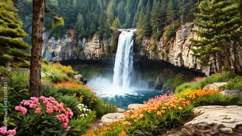 view of the beautiful flower garden Nanga waterfall with a cheerful and peaceful atmosphere.