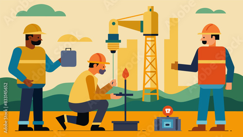 The drilling process halted momentarily as workers carefully examine core samples to determine the quality and quantity of shale gas in the layer.. Vector illustration