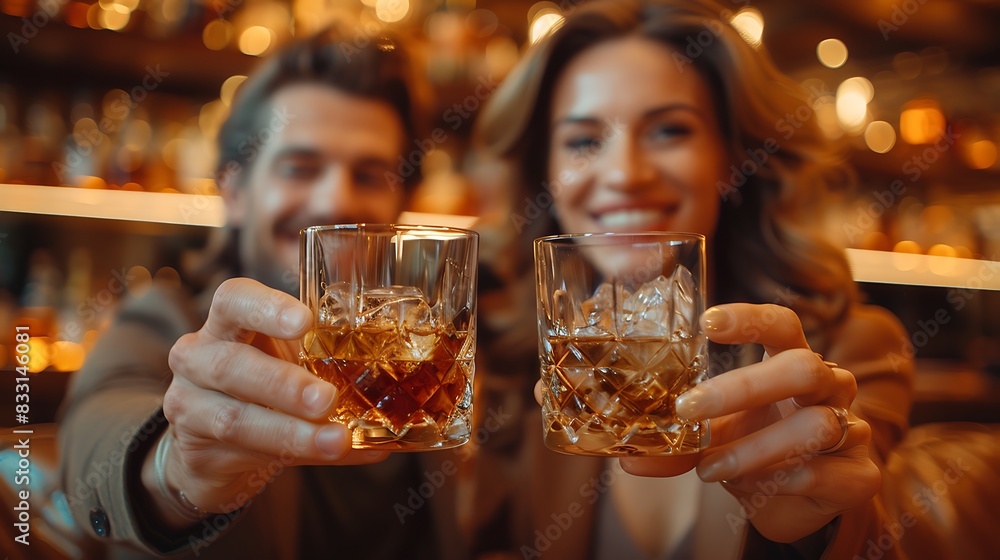 A close-up view of two business colleagues, one male and one female, toasting with whiskey glasses in a relaxed lounge setting. A close-up view of two business colleagues, one male and one female, toasting with whiskey glasses in a relaxed lounge setting.