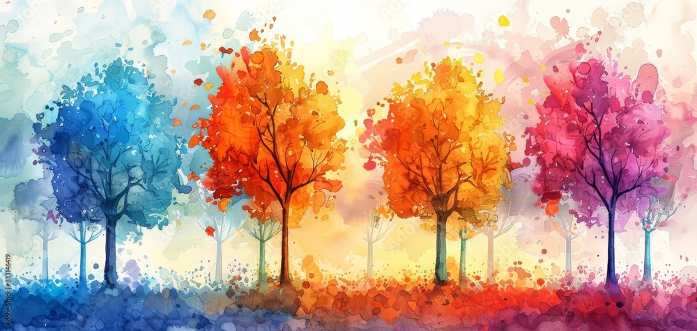 Colorful watercolor painting of trees in shades of blue, orange, and red, capturing the essence of autumn in vivid, artistic detail.