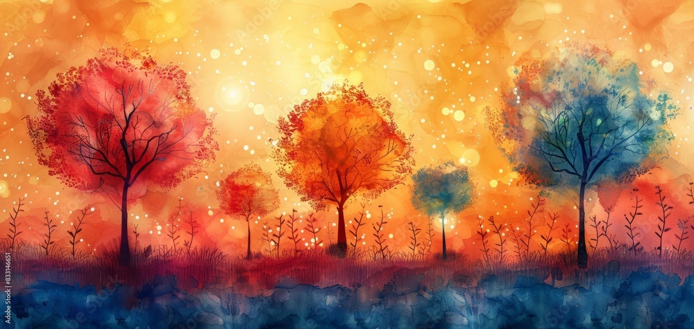 Fototapeta premium Colorful digital illustration of a dreamy landscape with vibrant trees and a starry sky, abstract and surreal art piece perfect for decor.