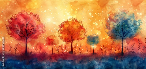 Colorful digital illustration of a dreamy landscape with vibrant trees and a starry sky  abstract and surreal art piece perfect for decor.