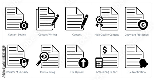 A set of 10 seo icons as content setting, content writing, content
