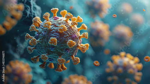 Microscopic View Of Colorful Virus Cells On Bokeh Blur Background