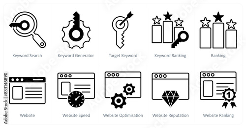 A set of 10 seo icons as keyword search, keyword generator, target keyword