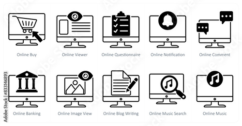 A set of 10 seo icons as online buy, online viewer, online questionnaire