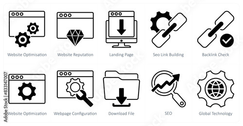 A set of 10 seo icons as website optimisation, website reputation, landing page