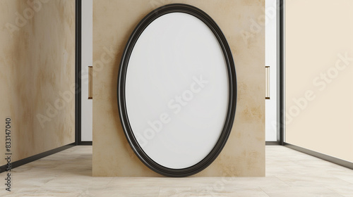 Central placement of an oversized oval blank frame in a minimalist corridor on a beige wall.