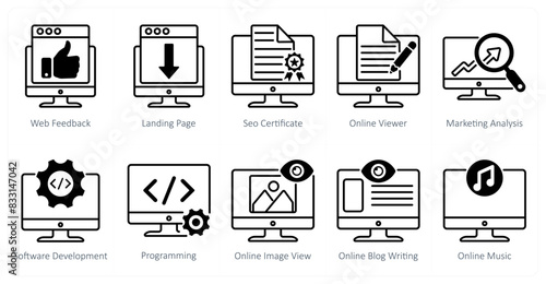 A set of 10 seo icons as web feedback, landing page, seo certificate