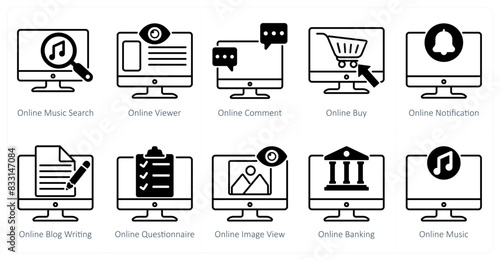 A set of 10 seo icons as online music search, online viewer, online comment photo