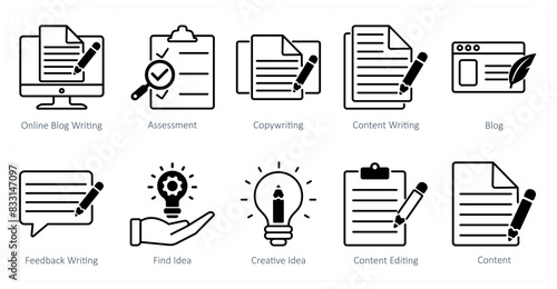 A set of 10 seo icons as online blog writing, assessment, copywriting