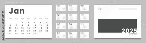 Set of 2025 Pages Monthly Calendar Planner Templates, Cover with Place for Photo, Company Logo. Vector pages for wall or desk calendar in minimal style. Page size A4 for Print. Week start on Monday