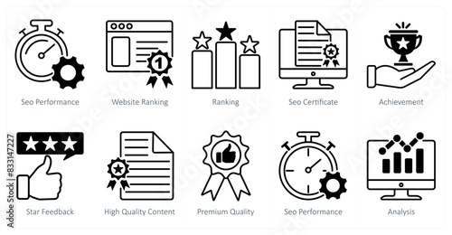 A set of 10 seo icons as seo performance, website ranking, ranking