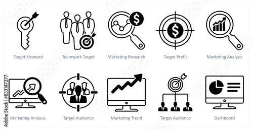 A set of 10 seo icons as target keyword, teamwork target, marketing research