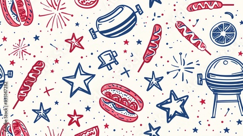 Seamless pattern of hand-drawn Fourth of July elements like barbecue grills, hot dogs, and sparklers, perfect for a festive and fun Independence Day design