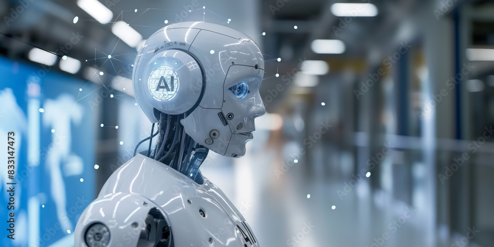 Futuristic AI robot in a modern setting, showcasing advanced artificial intelligence technology and machine learning capabilities. Futuristic AI robot in a modern setting, showcasing advanced artificial intelligence technology and machine learning capabilities.