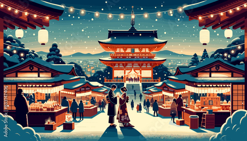 Concept of Kyoto in winter with snow. Vector illustration.
