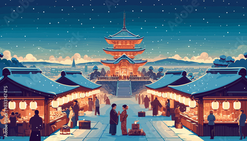 Concept of Kyoto in winter with snow. Vector illustration.